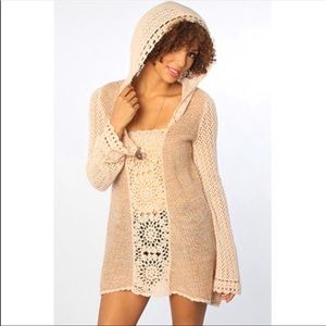 Free People Merci Pullover Hooded Crochet Sweater